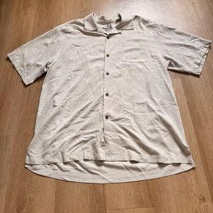 Tommy Bahama Men's L Original Fit Silk Leaf Button-Up Shirt Beige Short Sleeve